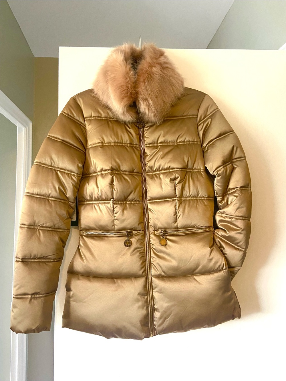 Marciano Metallic Gold Quilted Puffer Jacket with Fur Collar